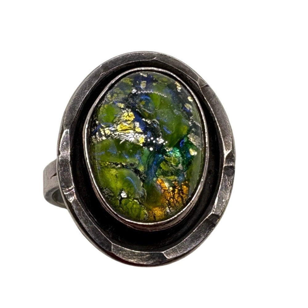 Vintage Sterling Silver Green Glass Statement Ring Size 6.25 Hammered Brutalist